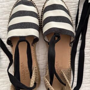 NAGUISA SZ 40 Black and White Striped Espadrille Flats with ankle ties